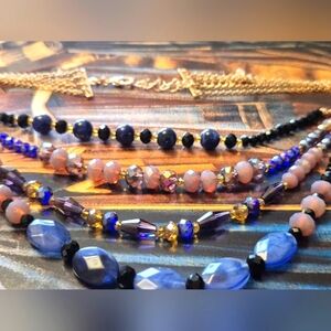 Multi Layer Beaded  Blue Black Licac Tones Necklace